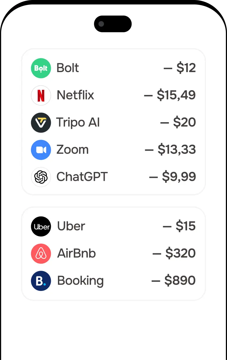 Список списаний: Netflix, Zoom, ChatGPT, Uber, Airbnb, Booking